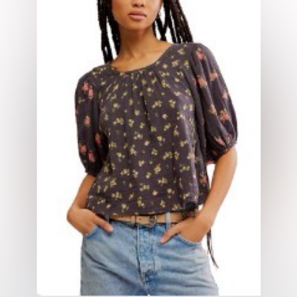 Free People Floral Puff Sleeve Blouse